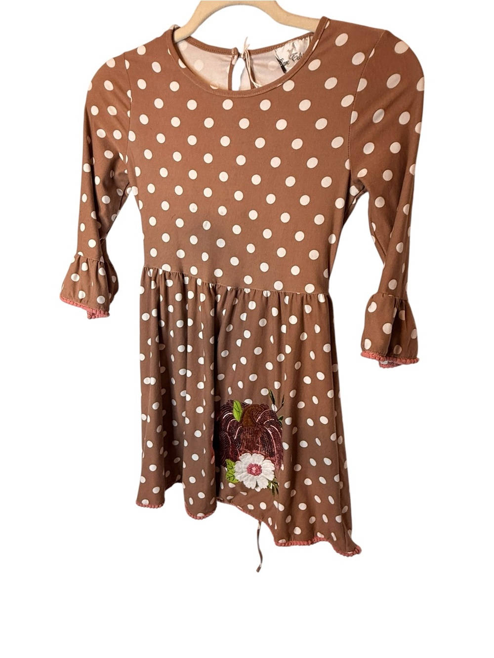 Rare Edition Brown Polka Dot Ruffle-Sleeve Dress with Floral Patch